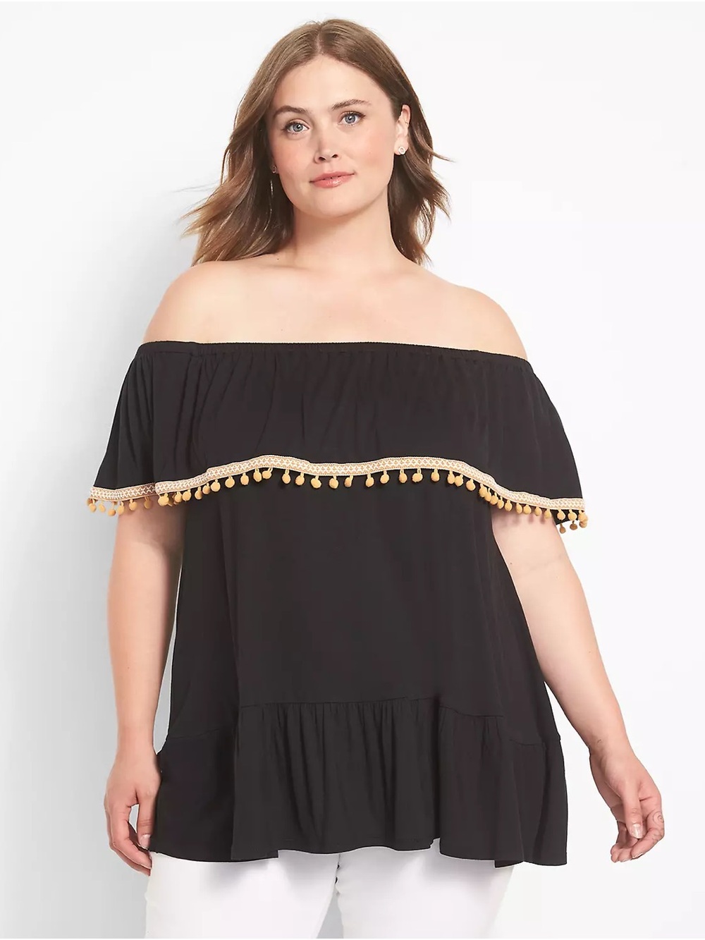 Lane Bryant Black Off-Shoulder Top with Cream Pom Trim